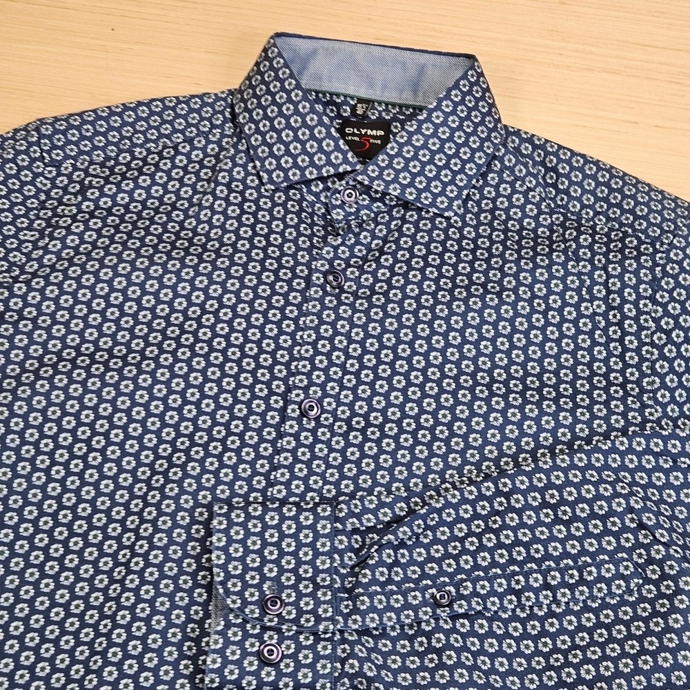 Olymp Button Up Men 153/4 40 Blue Floral Print Level 5 Five Body Fit Long Sleeve